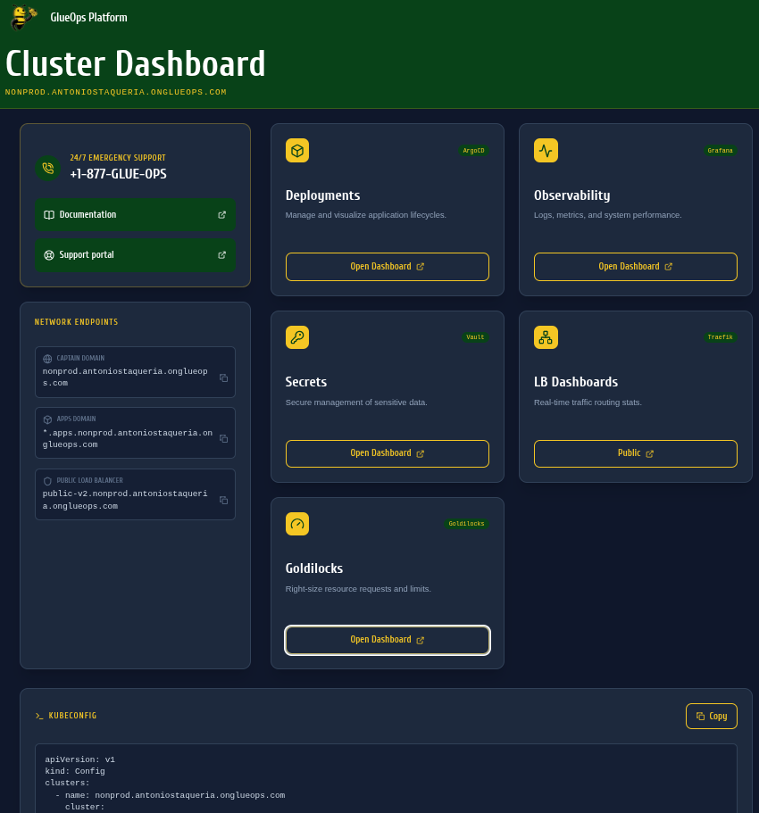 A cluster homepage with the support line, documentation and support portal links, the cluster's domains, links to the Argo CD, Grafana, OpenBao, Traefik and Goldilocks dashboards, and the start of the kubeconfig